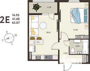 1-к квартира, вторичка, 44м2, 14/18 этаж