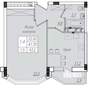 1-к квартира, вторичка, 43м2, 4/10 этаж