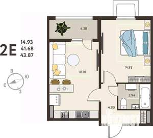 1-к квартира, вторичка, 44м2, 1/18 этаж