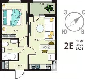1-к квартира, вторичка, 37м2, 8/17 этаж