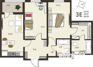 2-к квартира, вторичка, 68м2, 6/18 этаж