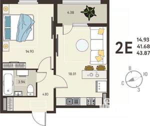 1-к квартира, вторичка, 44м2, 1/18 этаж