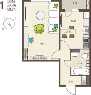 1-к квартира, сданный дом, 41м2, 15/17 этаж
