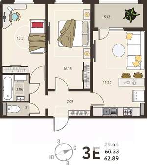 2-к квартира, вторичка, 63м2, 6/18 этаж