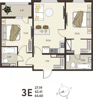 2-к квартира, вторичка, 65м2, 18/18 этаж