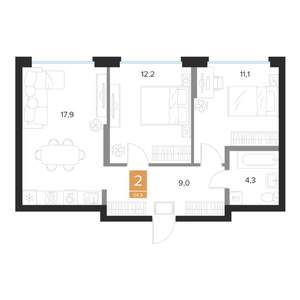 2-к квартира, вторичка, 55м2, 3/16 этаж