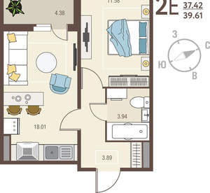 1-к квартира, вторичка, 40м2, 7/17 этаж