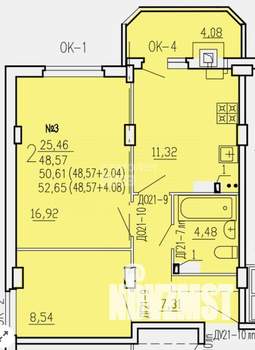 2-к квартира, сданный дом, 53м2, 1/10 этаж