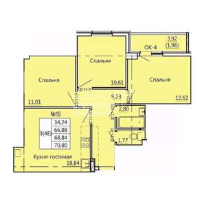 3-к квартира, строящийся дом, 71м2, 3/10 этаж