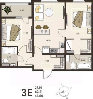 2-к квартира, вторичка, 65м2, 9/18 этаж