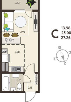Студия квартира, вторичка, 27м2, 9/18 этаж