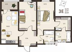2-к квартира, вторичка, 68м2, 14/18 этаж