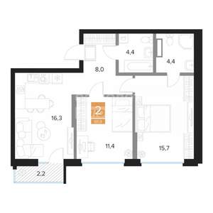 2-к квартира, вторичка, 61м2, 7/16 этаж