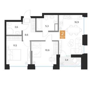 2-к квартира, вторичка, 58м2, 8/16 этаж