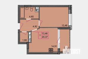 1-к квартира, строящийся дом, 45м2, 8/8 этаж