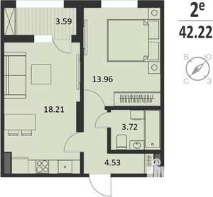 1-к квартира, вторичка, 42м2, 2/16 этаж