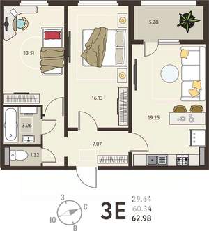 2-к квартира, вторичка, 63м2, 5/18 этаж