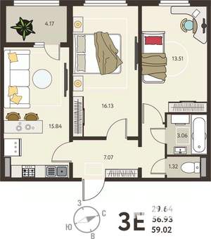 2-к квартира, вторичка, 59м2, 14/18 этаж