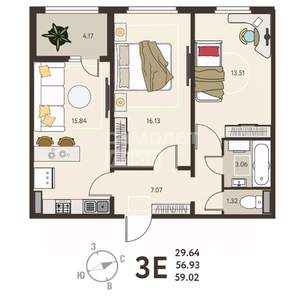 2-к квартира, вторичка, 59м2, 13/18 этаж