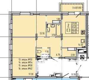 2-к квартира, строящийся дом, 65м2, 13/17 этаж