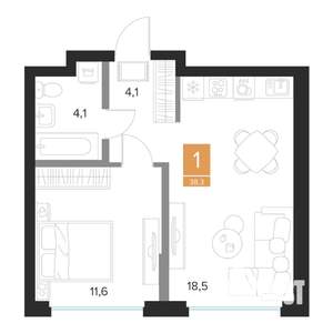 1-к квартира, вторичка, 38м2, 3/16 этаж