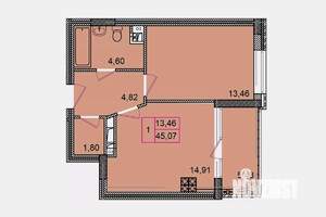 1-к квартира, строящийся дом, 45м2, 6/8 этаж