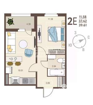 1-к квартира, вторичка, 40м2, 13/17 этаж