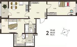 2-к квартира, вторичка, 70м2, 2/18 этаж