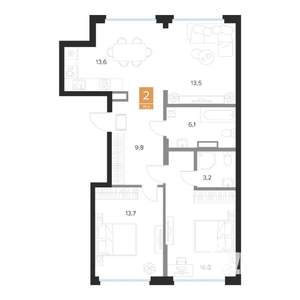 2-к квартира, вторичка, 76м2, 9/16 этаж