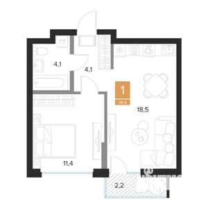 1-к квартира, вторичка, 39м2, 7/16 этаж