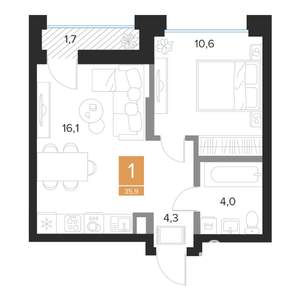 1-к квартира, вторичка, 36м2, 7/16 этаж
