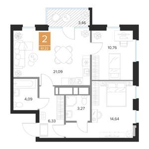 2-к квартира, вторичка, 61м2, 8/9 этаж