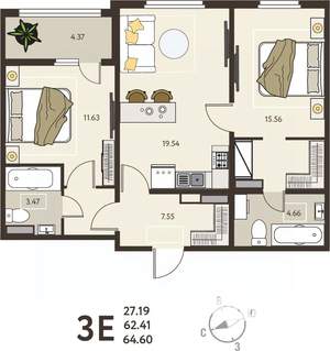 2-к квартира, вторичка, 65м2, 14/18 этаж