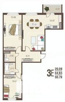 3-к квартира, вторичка, 66м2, 8/10 этаж