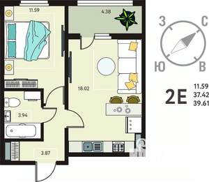 1-к квартира, вторичка, 40м2, 8/17 этаж