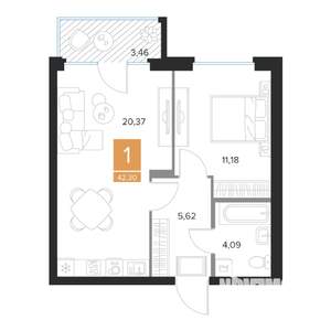 1-к квартира, строящийся дом, 42м2, 1/9 этаж