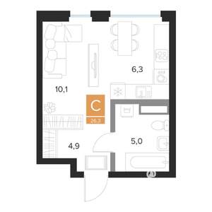 Студия квартира, строящийся дом, 26м2, 2/16 этаж