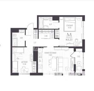 2-к квартира, вторичка, 63м2, 1/6 этаж