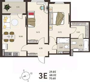 2-к квартира, вторичка, 71м2, 18/18 этаж