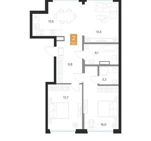 2-к квартира, вторичка, 76м2, 9/16 этаж