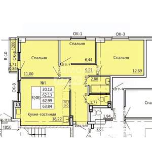4-к квартира, вторичка, 64м2, 1/11 этаж