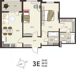 2-к квартира, вторичка, 71м2, 5/18 этаж