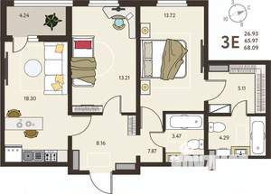 2-к квартира, вторичка, 68м2, 11/18 этаж