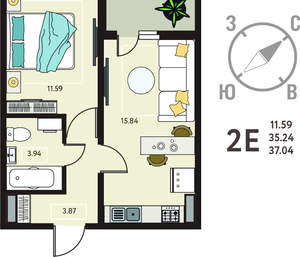 1-к квартира, вторичка, 37м2, 5/18 этаж