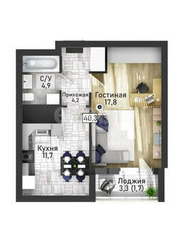 1-к квартира, вторичка, 40м2, 2/21 этаж