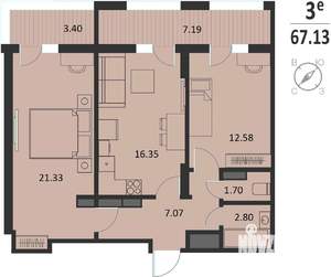 2-к квартира, вторичка, 67м2, 1/16 этаж