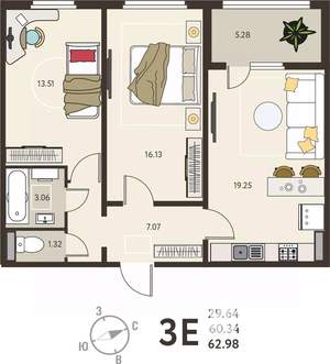 2-к квартира, вторичка, 63м2, 6/18 этаж