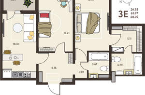 2-к квартира, вторичка, 68м2, 12/18 этаж