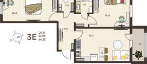 2-к квартира, вторичка, 64м2, 5/18 этаж