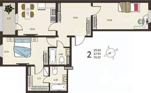 2-к квартира, вторичка, 70м2, 13/18 этаж